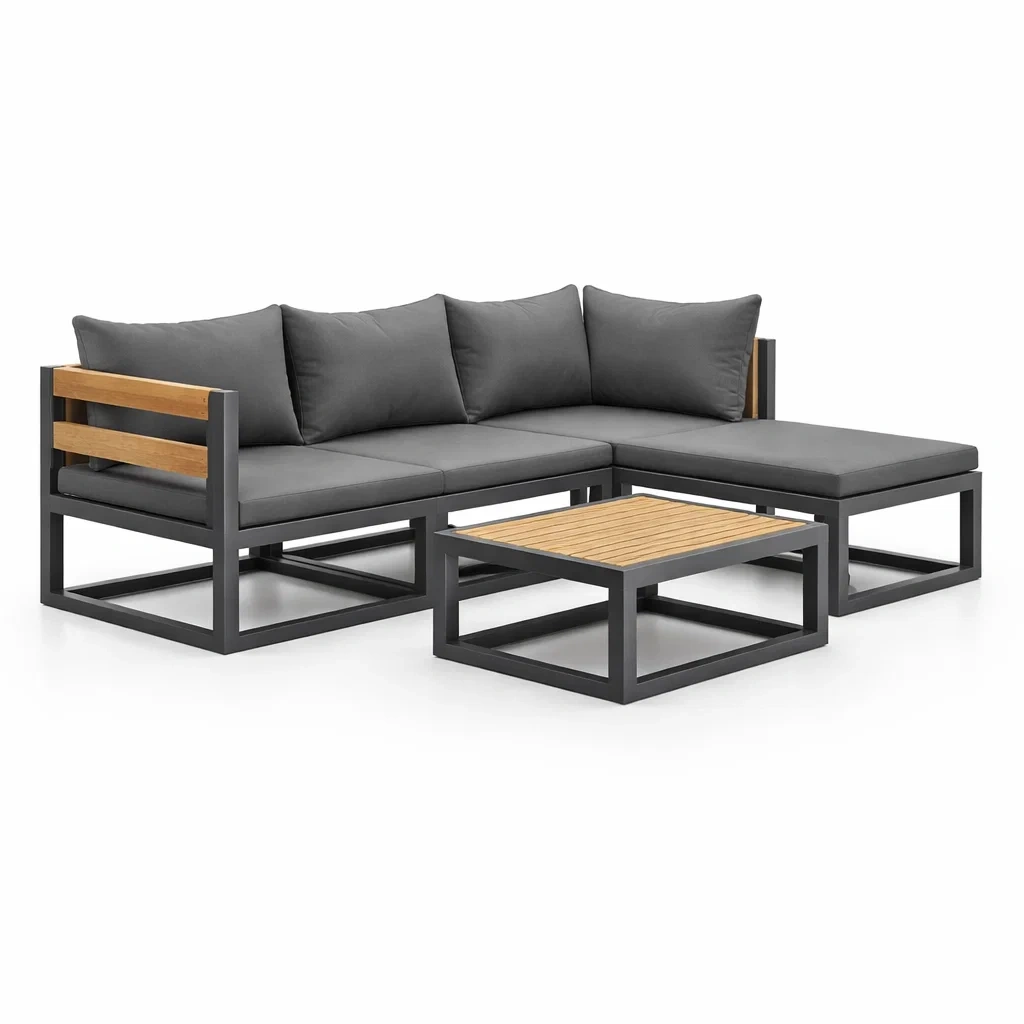 Set di divano angolare in metallo con tavolino in legno di acacia grigio e naturale-ZENVIBESZZZ