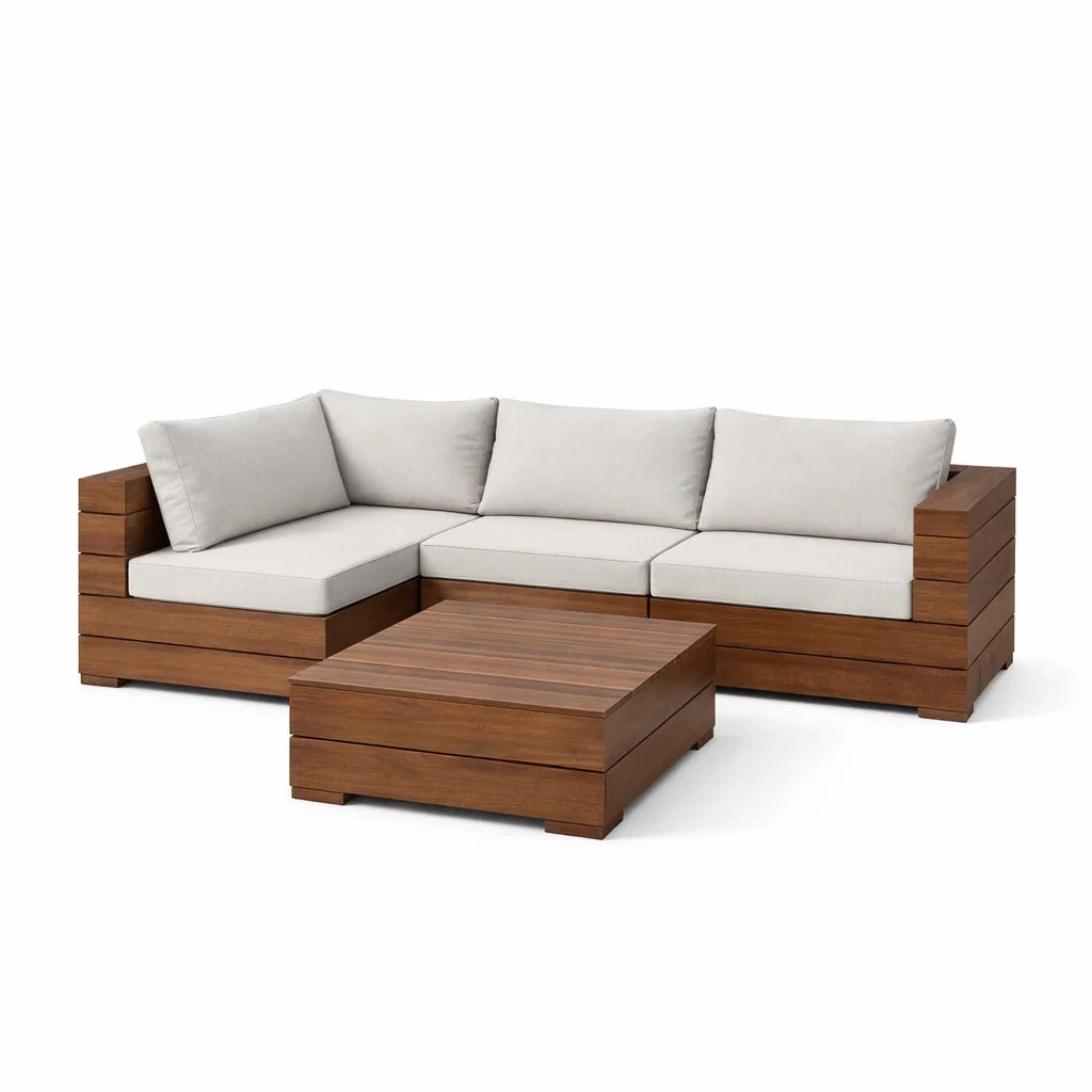 Set di divano angolare in legno con cuscini beige-ZENVIBESZZZ