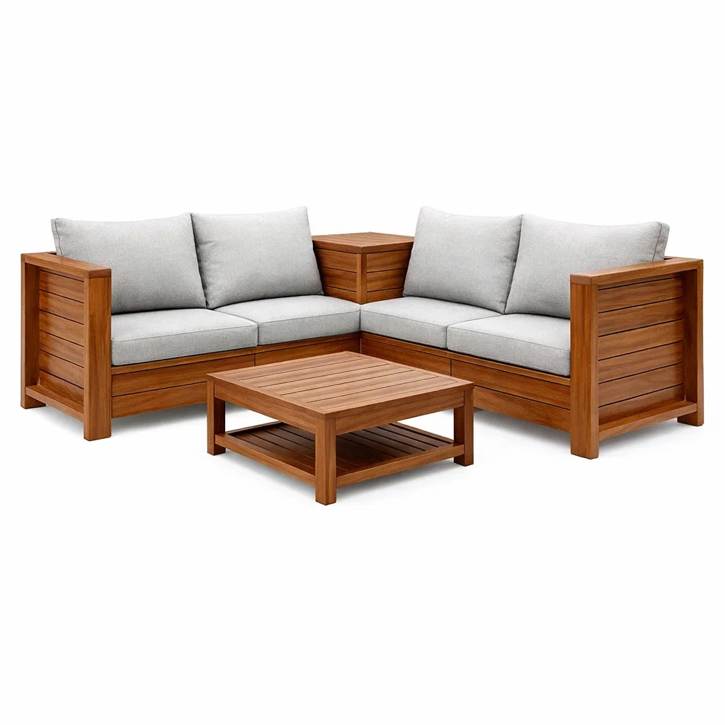 Set di divano da giardino in legno massello con cuscini grigi-ZENVIBESZZZ