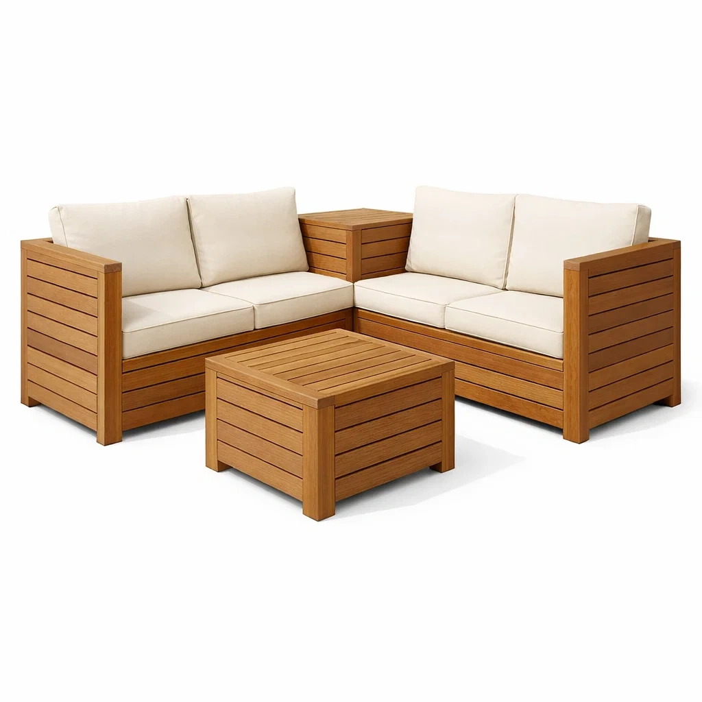 Set di divano angolare da esterno in legno con cuscini beige-ZENVIBESZZZ