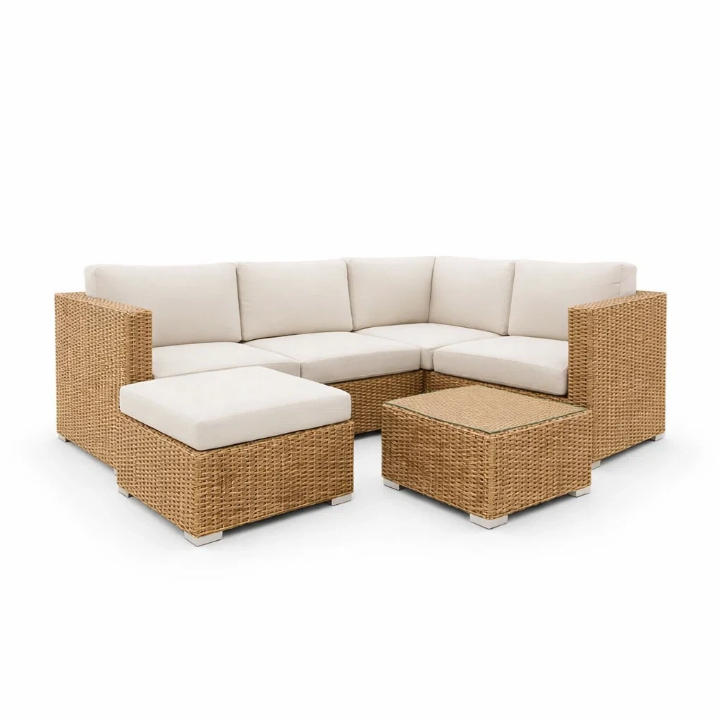 Set di divano angolare da esterno in rattan sintetico con cuscini in poliestere crema-ZENVIBESZZZ