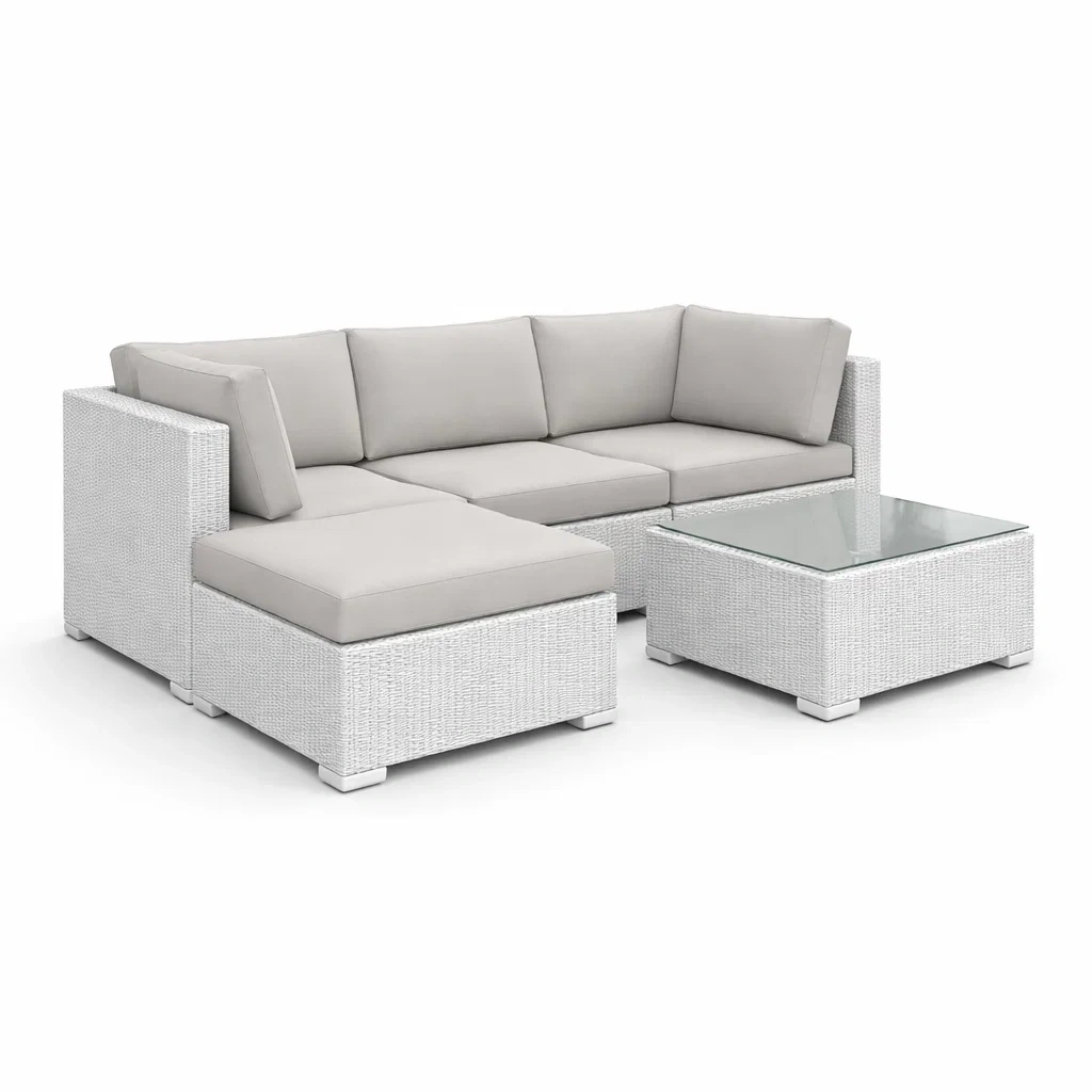 Set di divano angolare da giardino in polirattan bianco con tavolino in vetro temperato-ZENVIBESZZZ