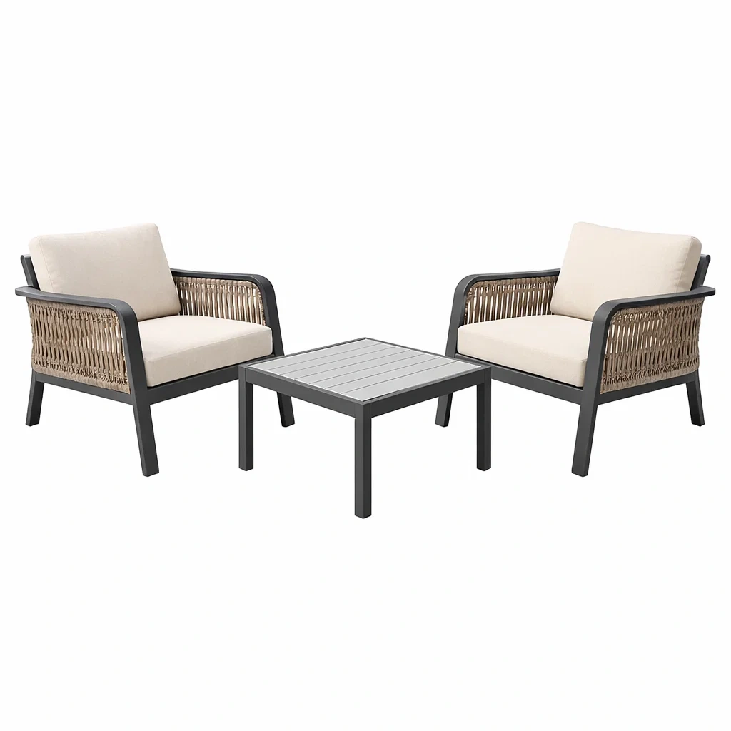 Set relax da giardino con sedie e tavolino in metallo e corda sintetica con cuscini beige-ZENVIBESZZZ