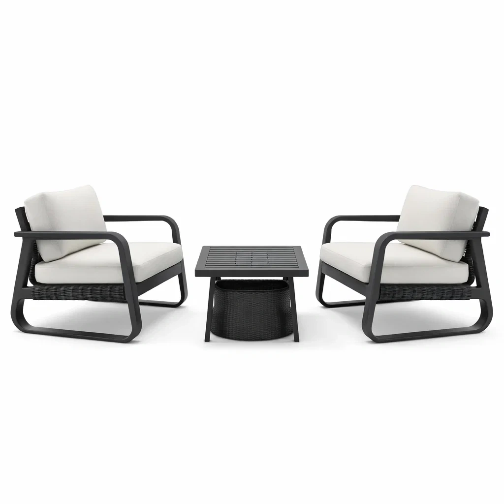 Set relax con due poltrone da giardino in metallo e cuscini con tavolino nero-ZENVIBESZZZ