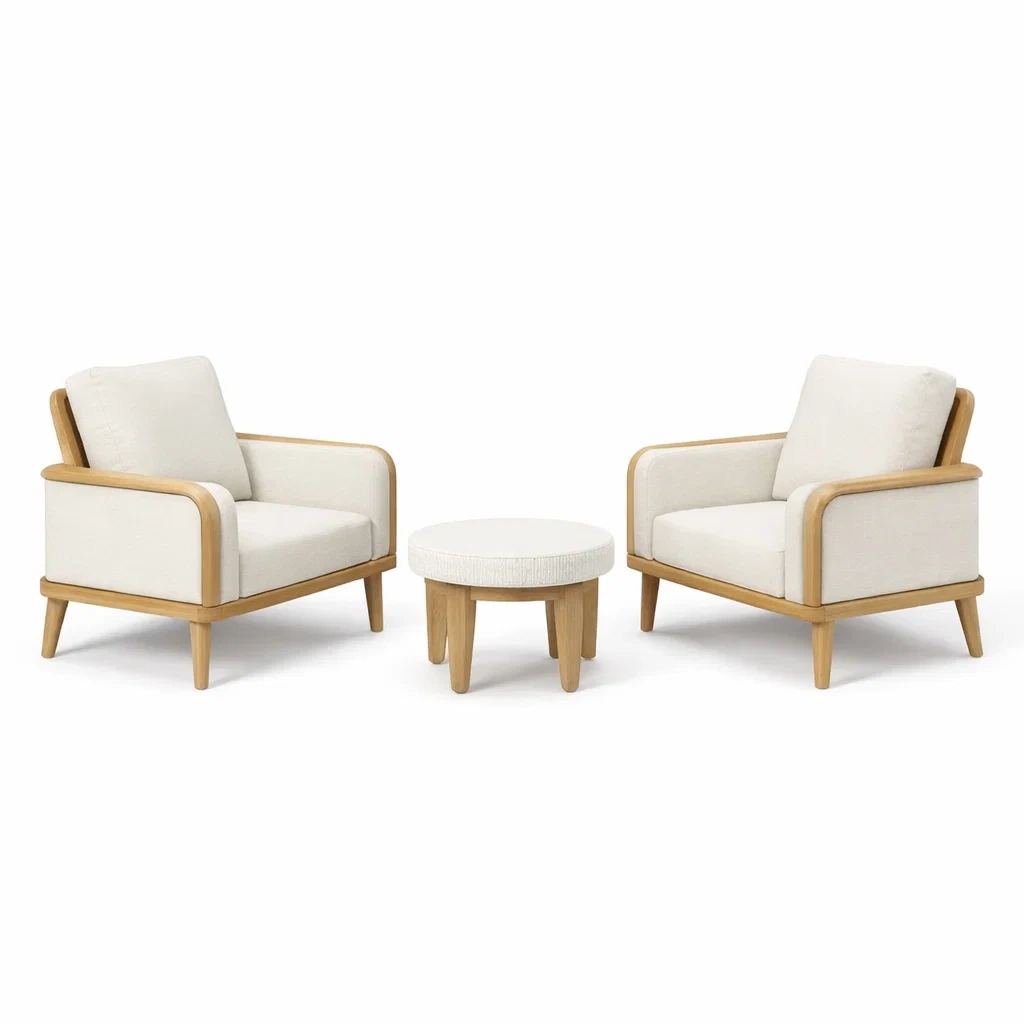 Set relax in legno e tessuto bianco con poltrone e tavolino-ZENVIBESZZZ