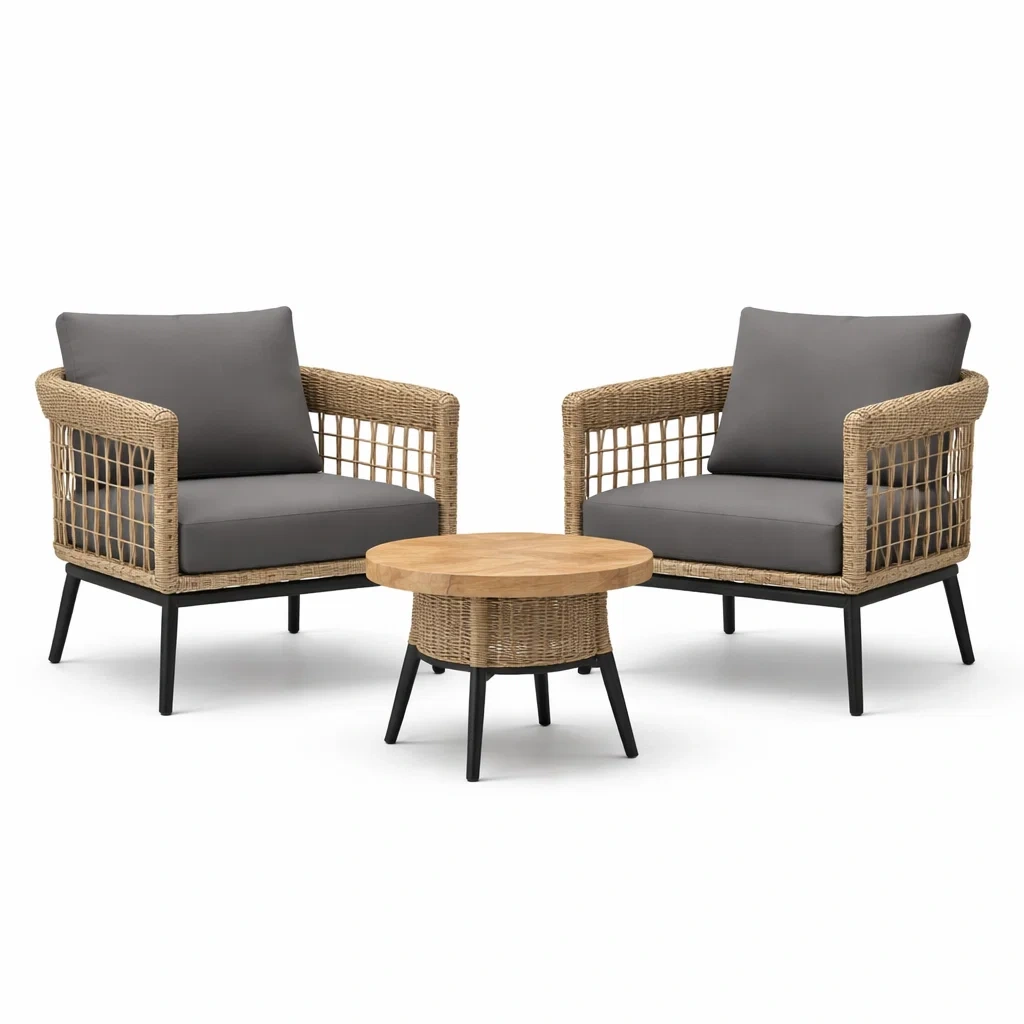 Set relax da giardino in rattan sintetico e tessuto grigio con due poltrone e tavolino rotondo in legno massello-ZENVIBESZZZ