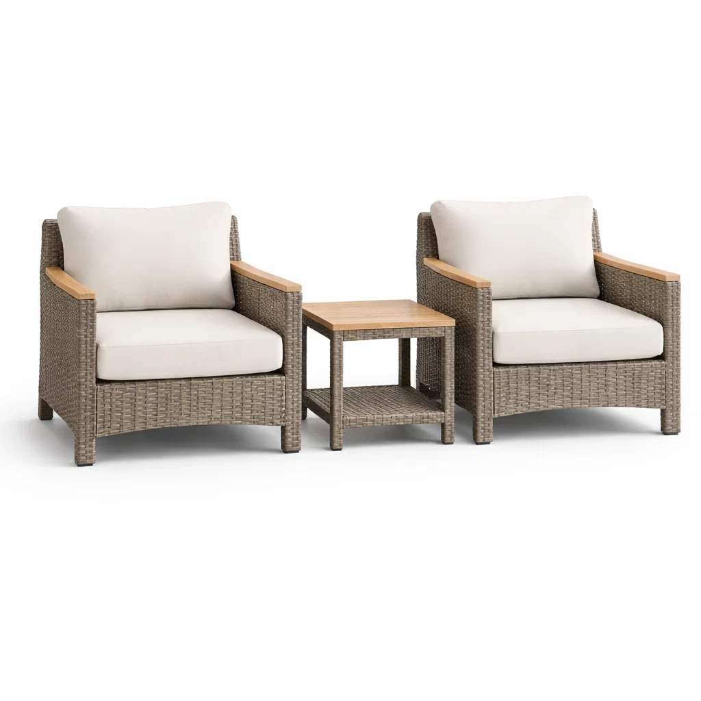 Set relax da giardino in rattan con poltrone e tavolino in legno-ZENVIBESZZZ