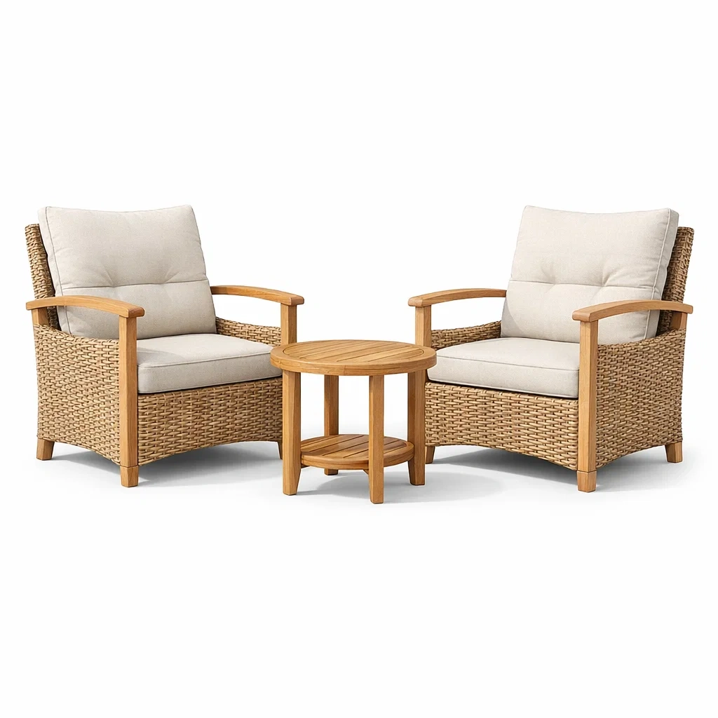 Set relax da giardino in rattan sintetico e legno con cuscini beige-ZENVIBESZZZ