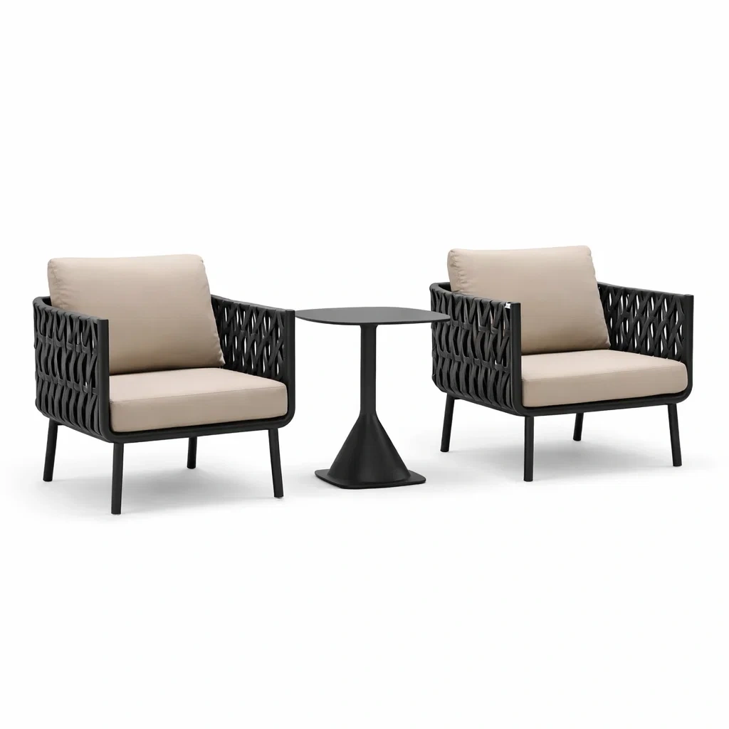 Set relax da esterno con due poltrone e tavolino in metallo nero e tessuto beige-ZENVIBESZZZ
