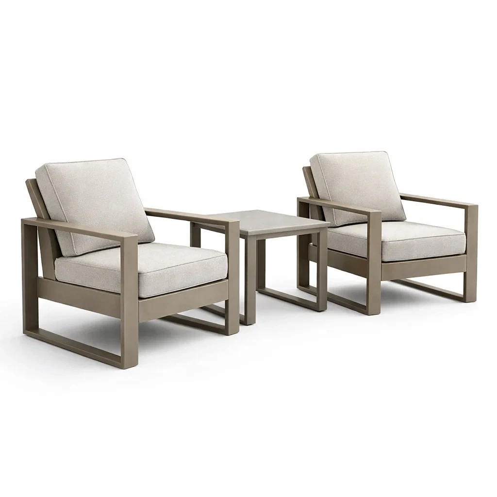 Set relax con due poltrone e tavolino in alluminio e tessuto grigio-ZENVIBESZZZ