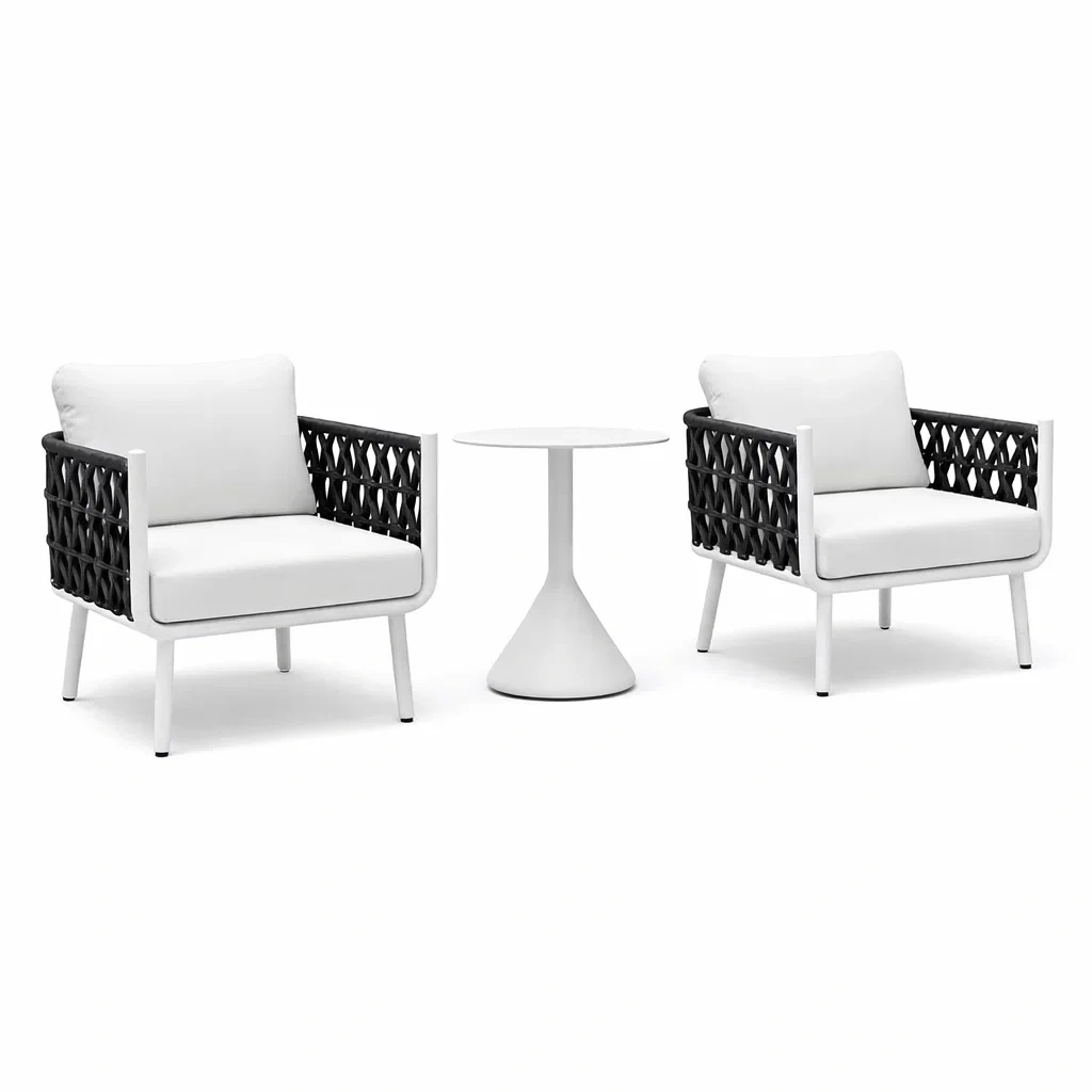 Set relax con sedie e tavolo in alluminio e rattan sintetico nero e bianco-ZENVIBESZZZ