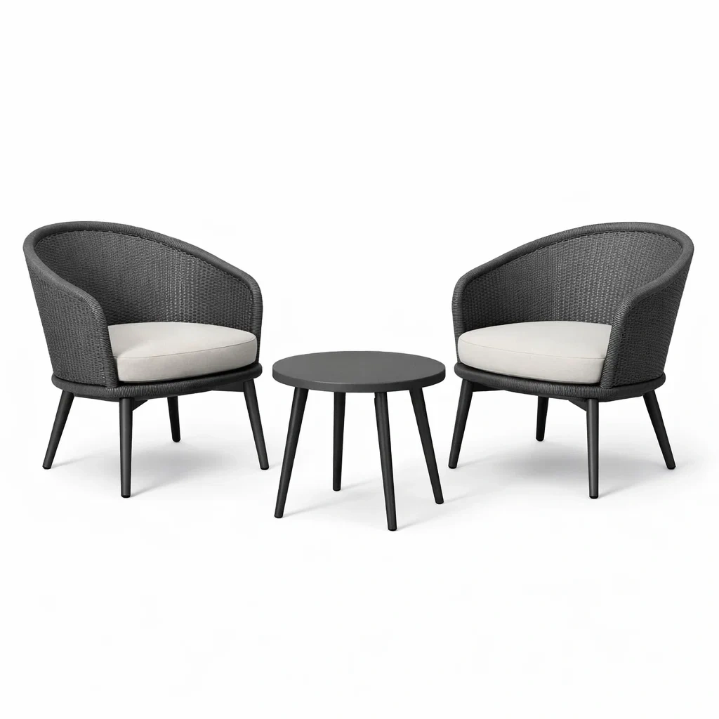 Set relax con sedie in rattan sintetico nero e tavolino grigio con imbottiture crema-ZENVIBESZZZ