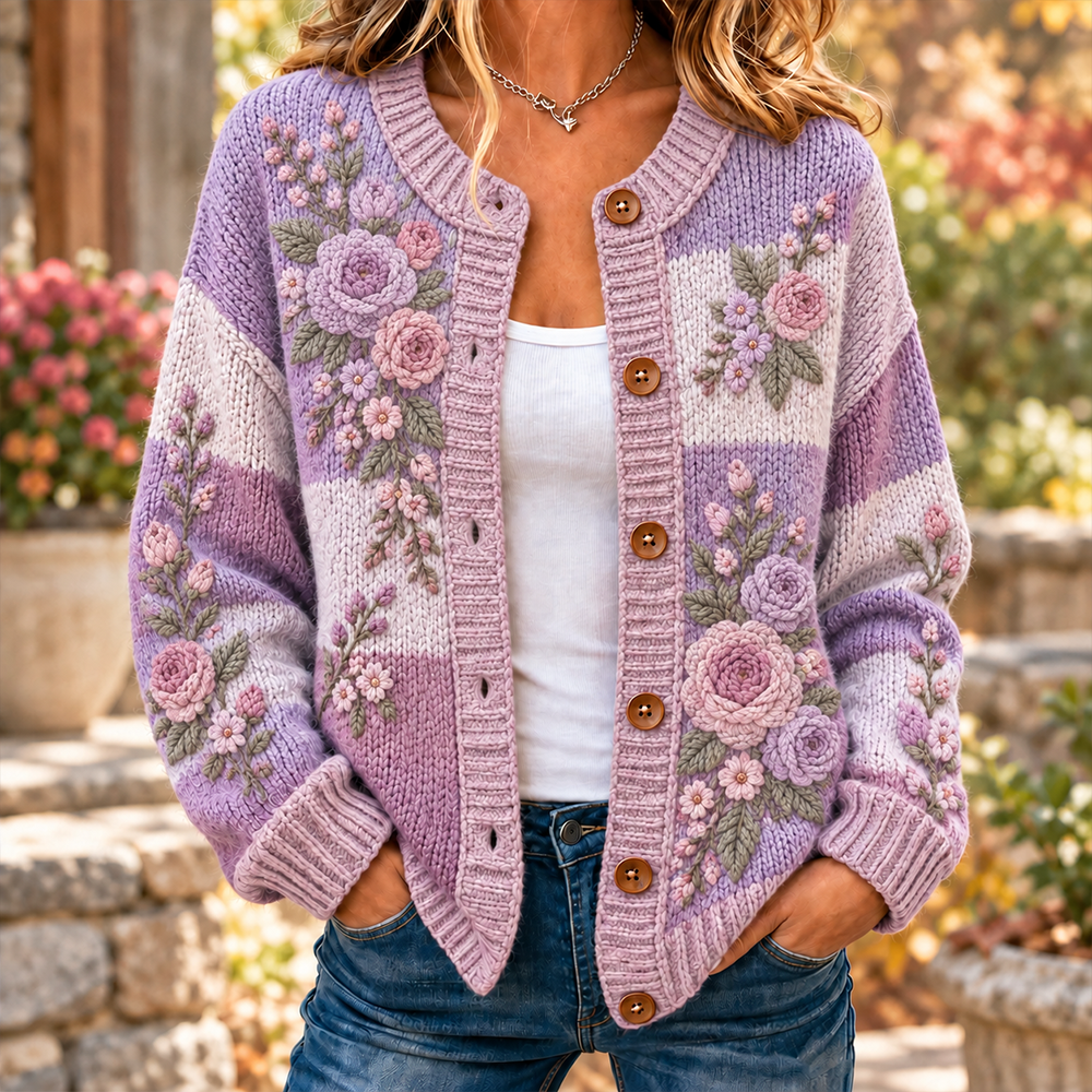 Women's Purple Rose Floral Embroidery Color Block Button-up Knit ...