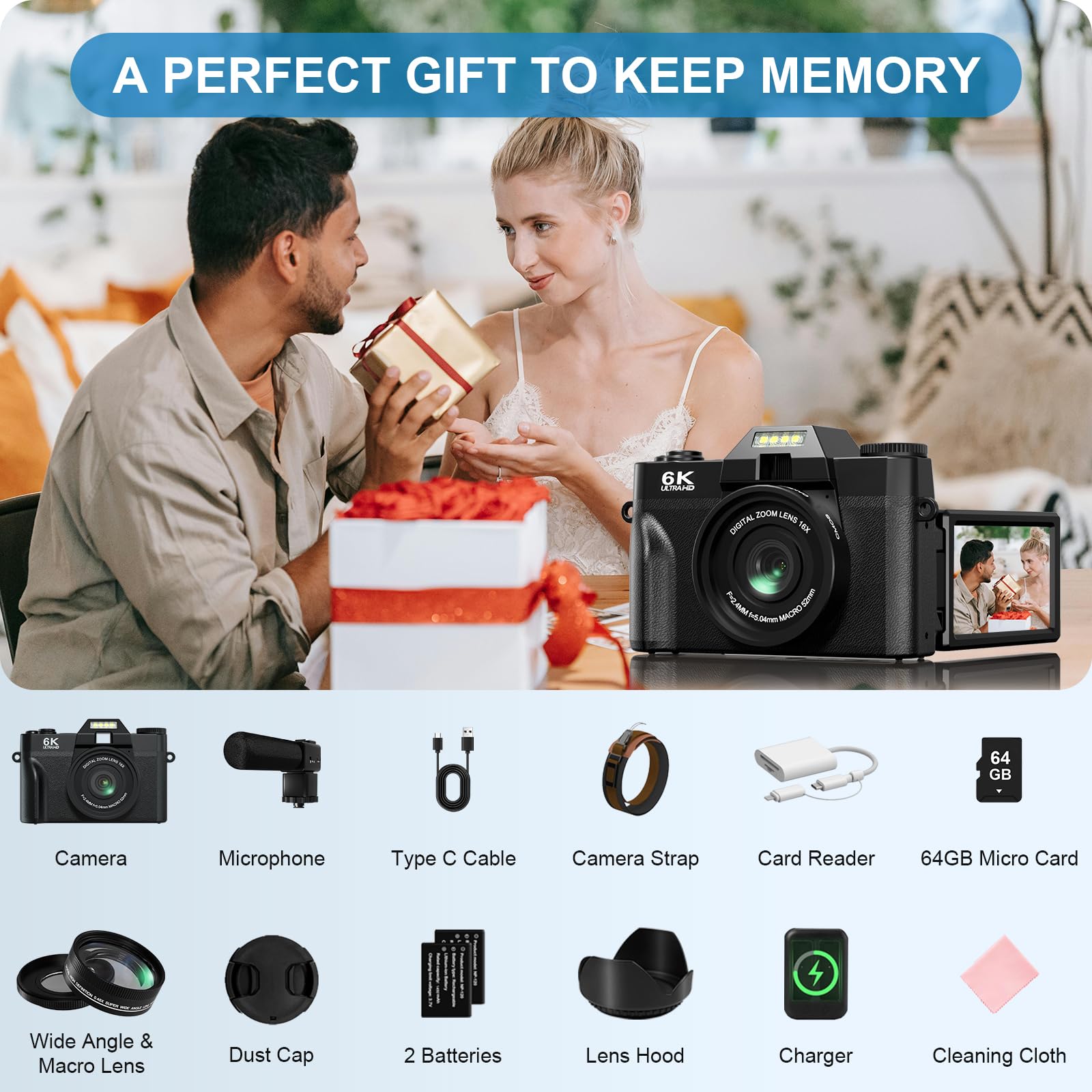 Digital Cameras for Photography and Vlogging, 6K 64MP Flip Screen, Dual Lens, Microphone for Video, 64GB TF Card, Compact Photo WiFi Camera for YouTube Kit Travel, Beginners (Black)