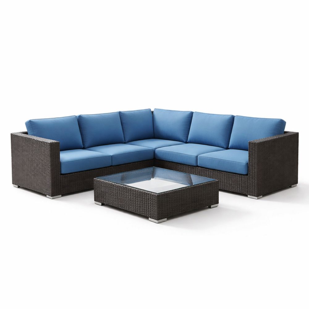 Outdoor Rattan Wicker Sectional Sofa Set with Blue Cushions and Glass Coffee Table