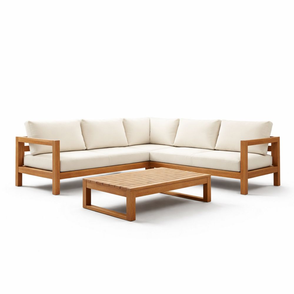 Teak Wood Outdoor Sectional Sofa Set with Cushions and Coffee Table Beige