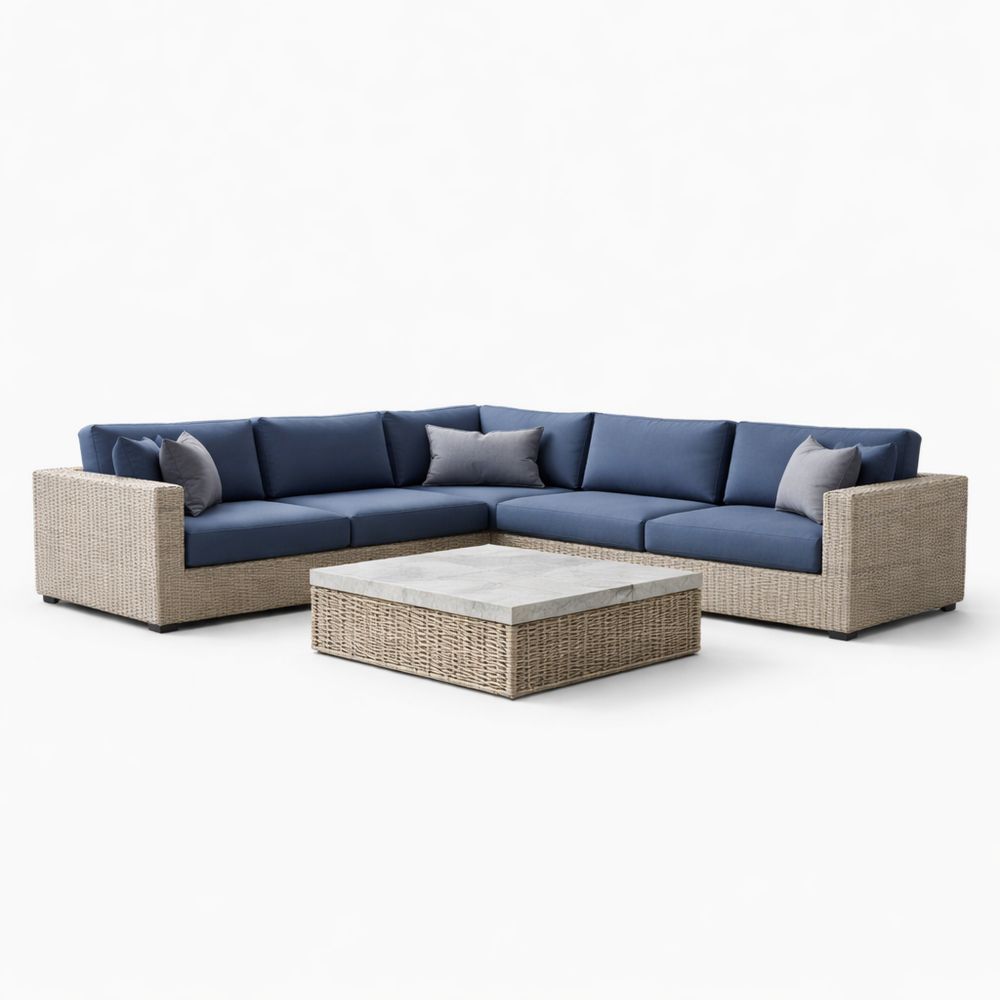 Outdoor Sectional Sofa Set Wicker and Fabric Blue Cushions L-Shape