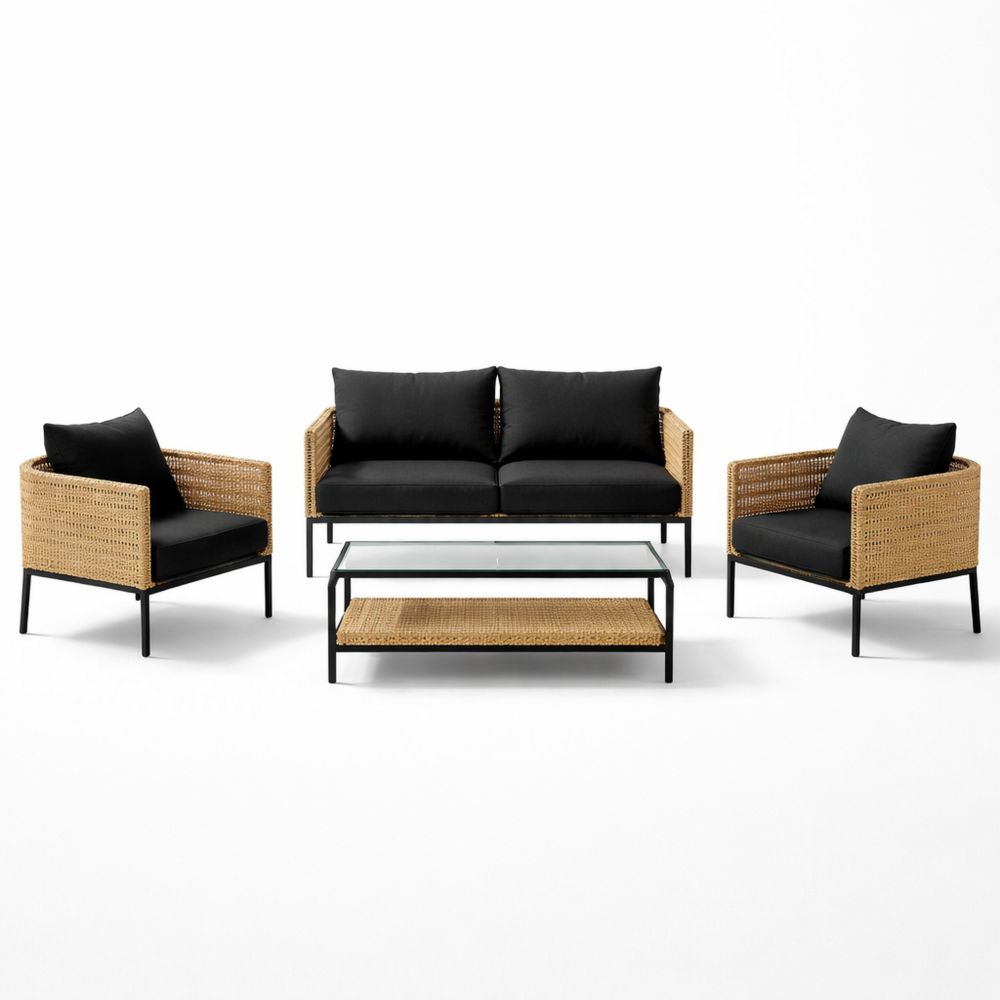 Outdoor Patio Furniture Set with Wicker Chairs and Glass Top Table