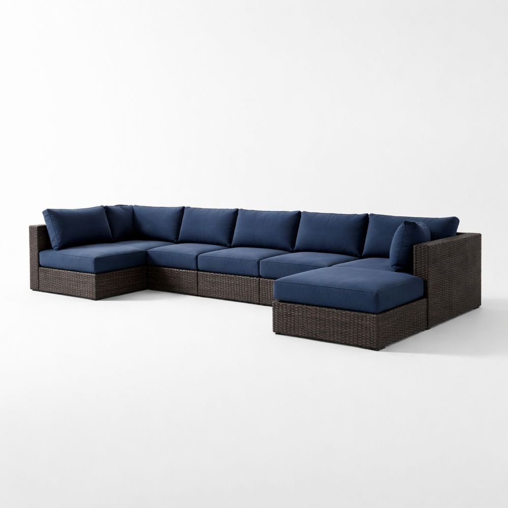 Wicker Outdoor Sectional Sofa Set with Navy Blue Cushions