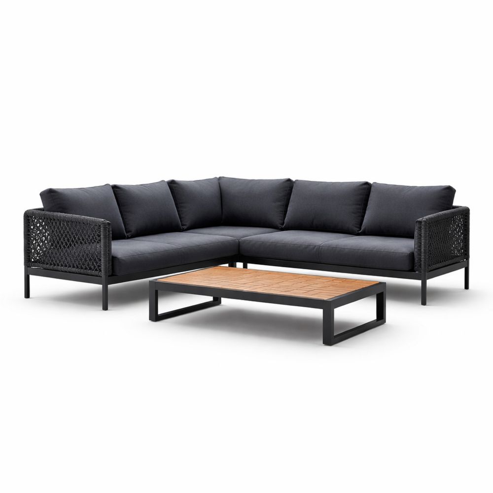Outdoor L-Shaped Sofa Set with Aluminum Frame and Fabric Cushions Black Teak Wood Coffee Table