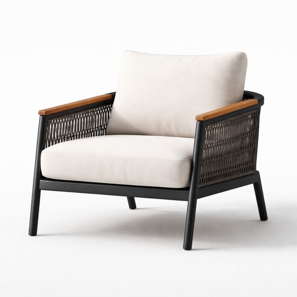 Outdoor patio armchair with metal frame and rope sides