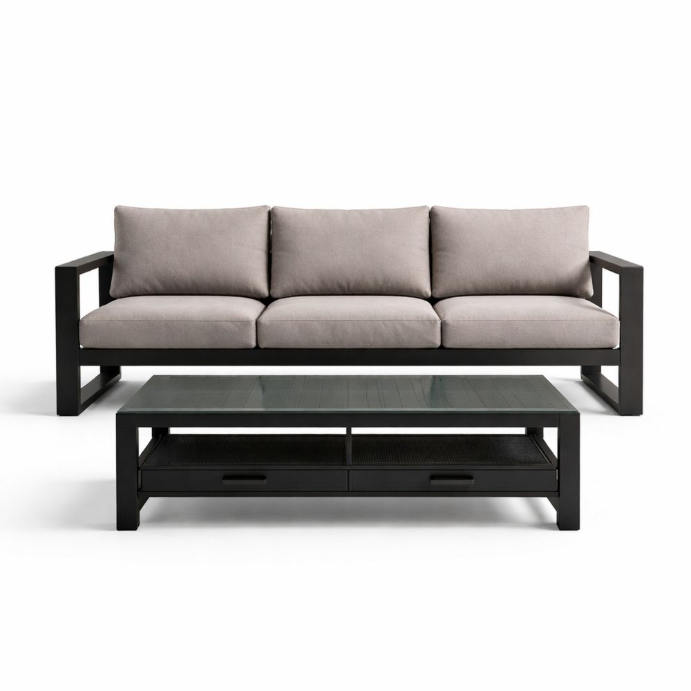 Outdoor Metal Frame Sofa Set with Polyester Cushions and Tempered Glass Table