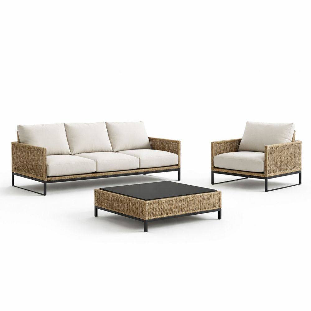 Rattan Sofa Set with Metal Frame and Polyester Cushions