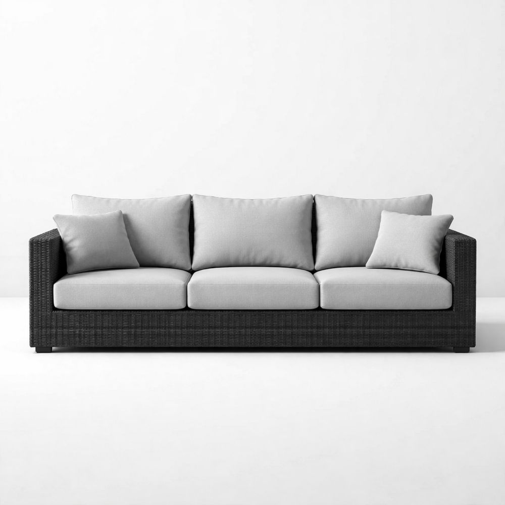 Outdoor Rattan Sofa with Cushions Steel Frame Black Wicker 3-Seater Beige