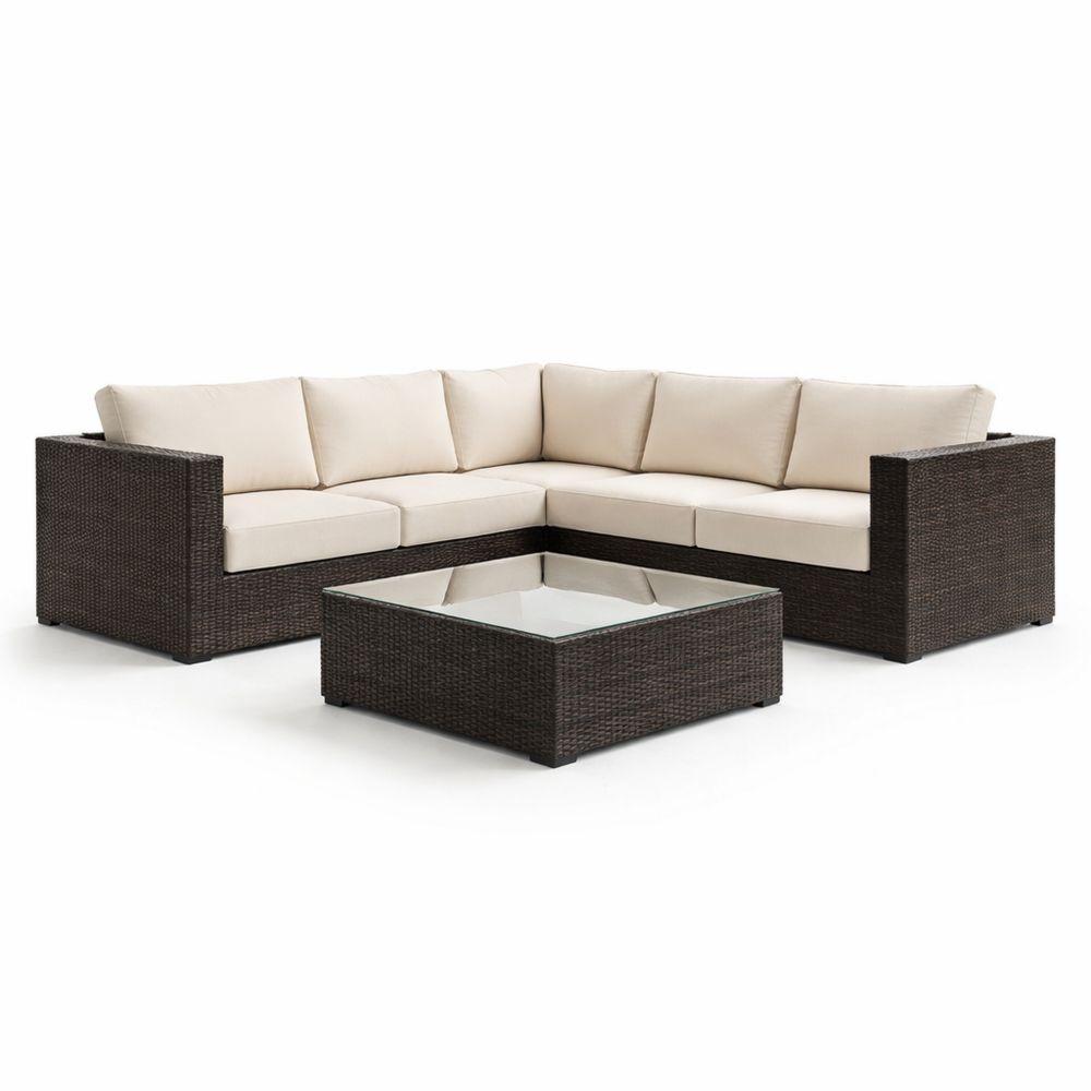 Outdoor Wicker Sectional Sofa Set with Cushions and Glass Coffee Table