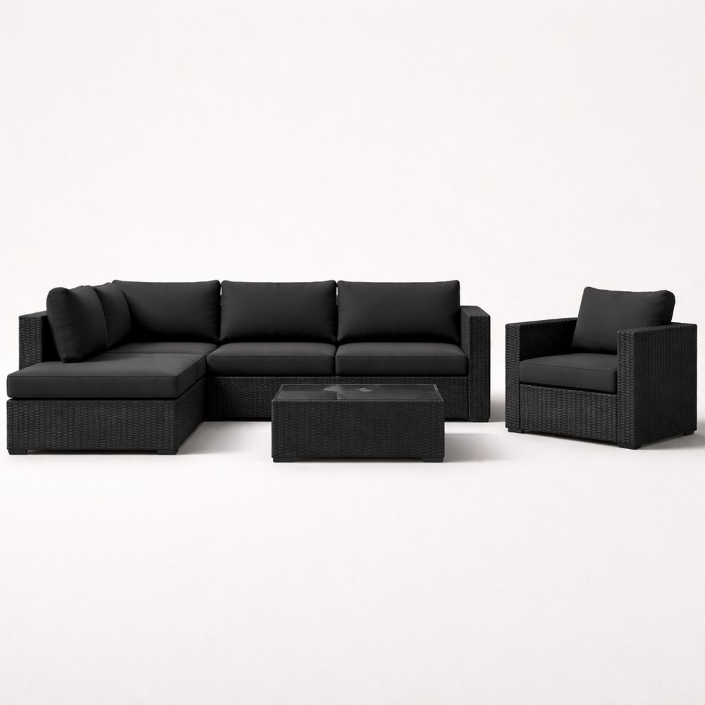 Black Wicker Sectional Sofa Set with Cushions and Tempered Glass Coffee Table