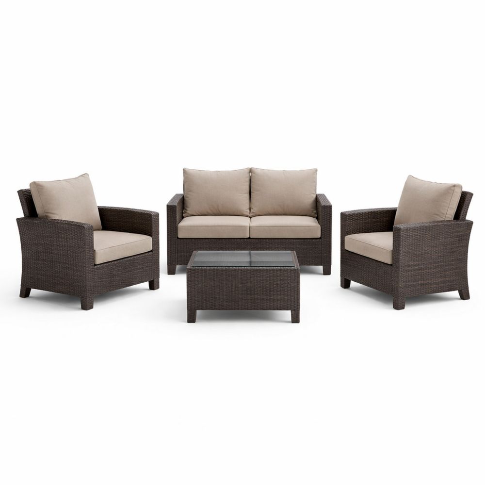 Wicker Patio Furniture Set with Cushions Brown Beige
