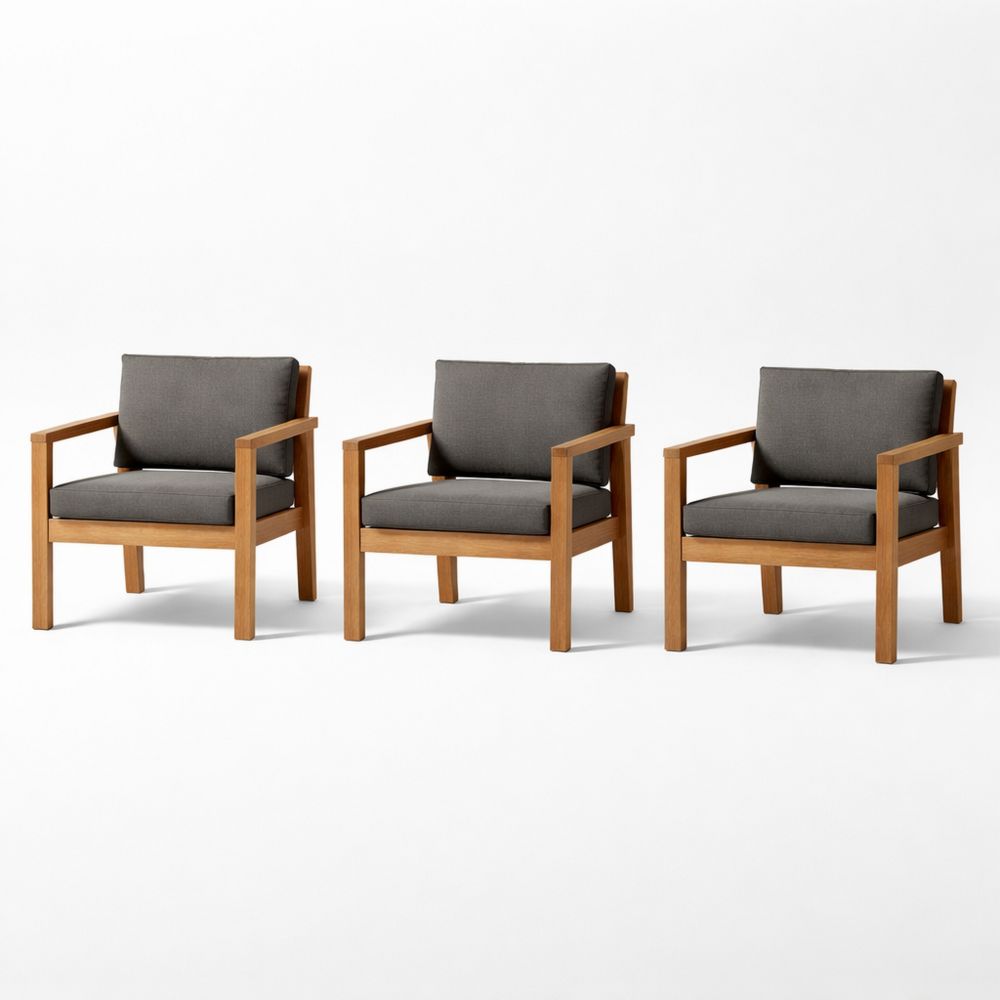 Acacia Wood Outdoor Armchair Set with Dark Gray Polyester Cushions - 3 Piece