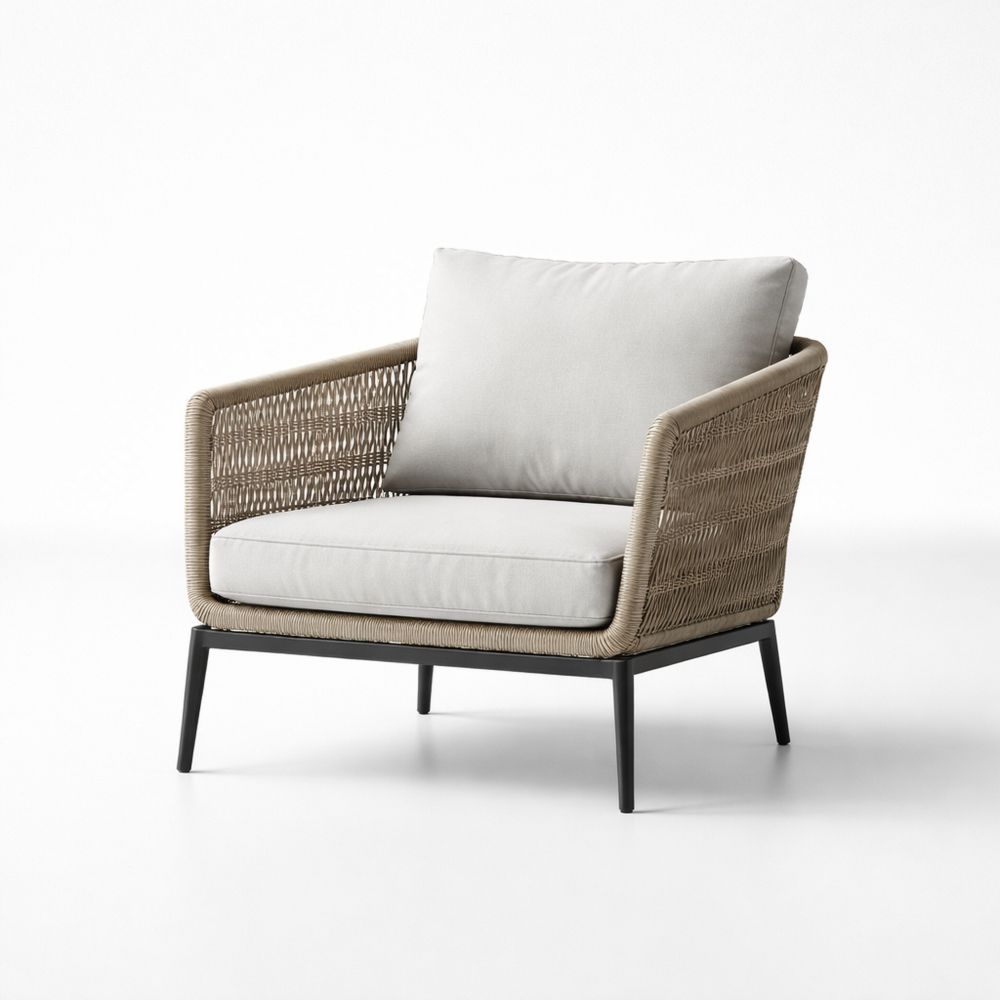 Beige Rope Armchair with Steel Frame and Cushions