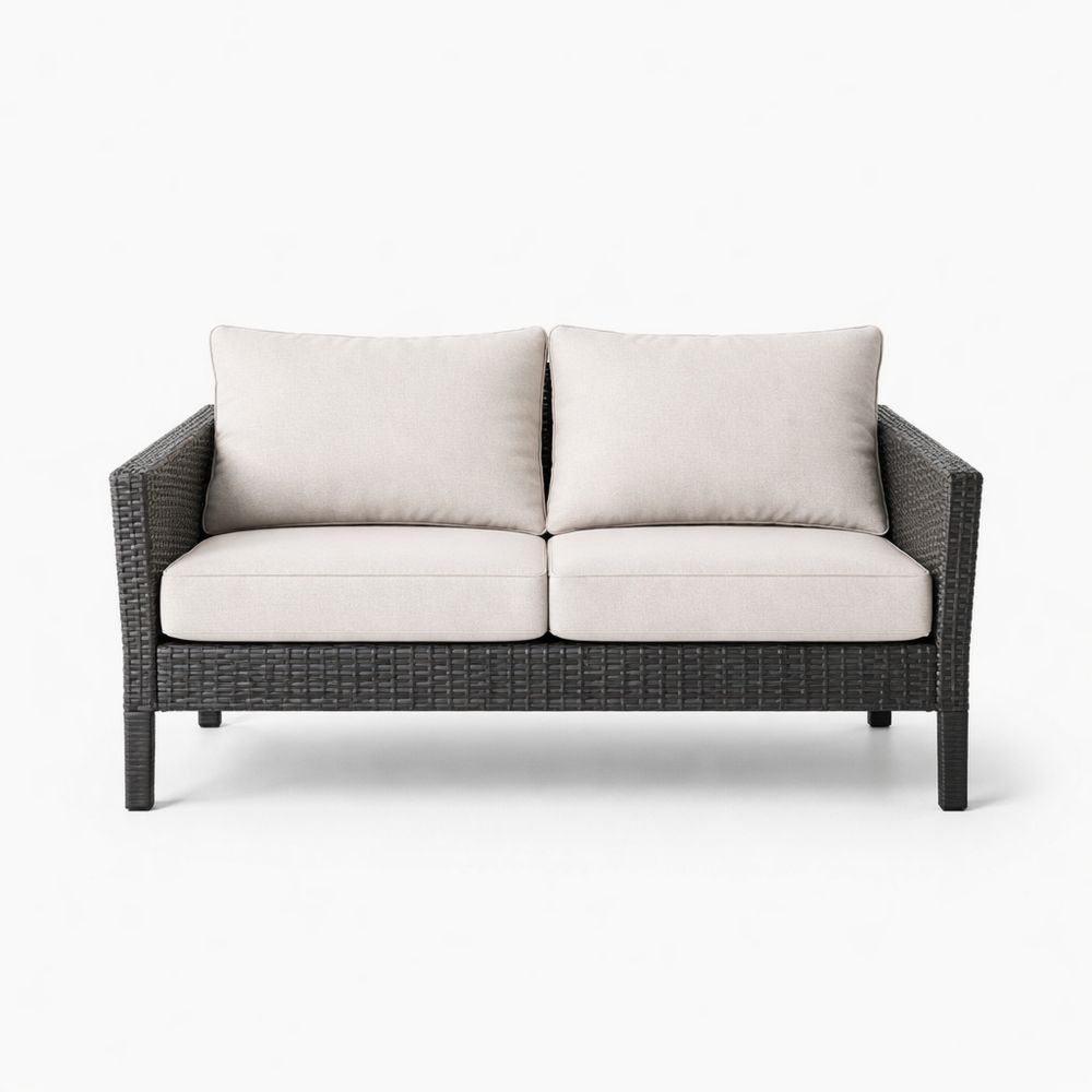 Outdoor Wicker Loveseat with Cushions Beige/Black