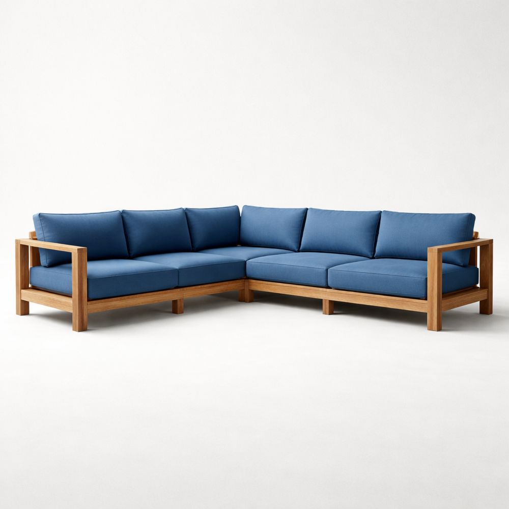 Outdoor Teak Wood L-Shaped Sectional Sofa with Blue Cushions