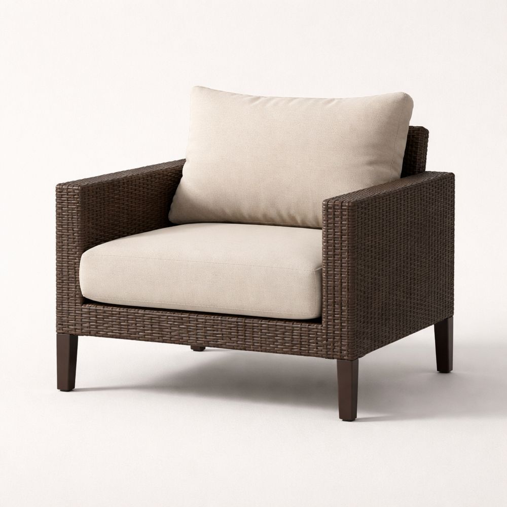 Outdoor Armchair with Wicker Frame and Beige Cushions
