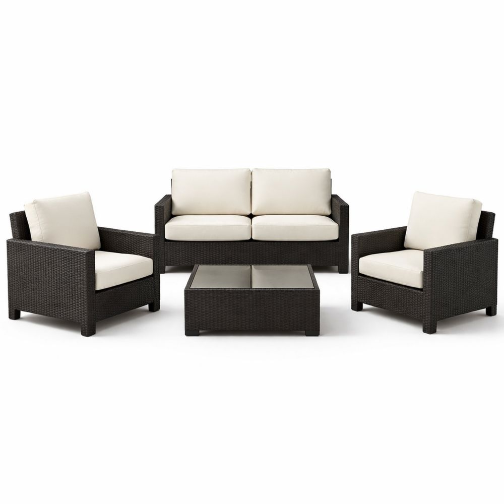 4-Piece Outdoor Wicker and Glass Sofa Set with Cushions Brown/White