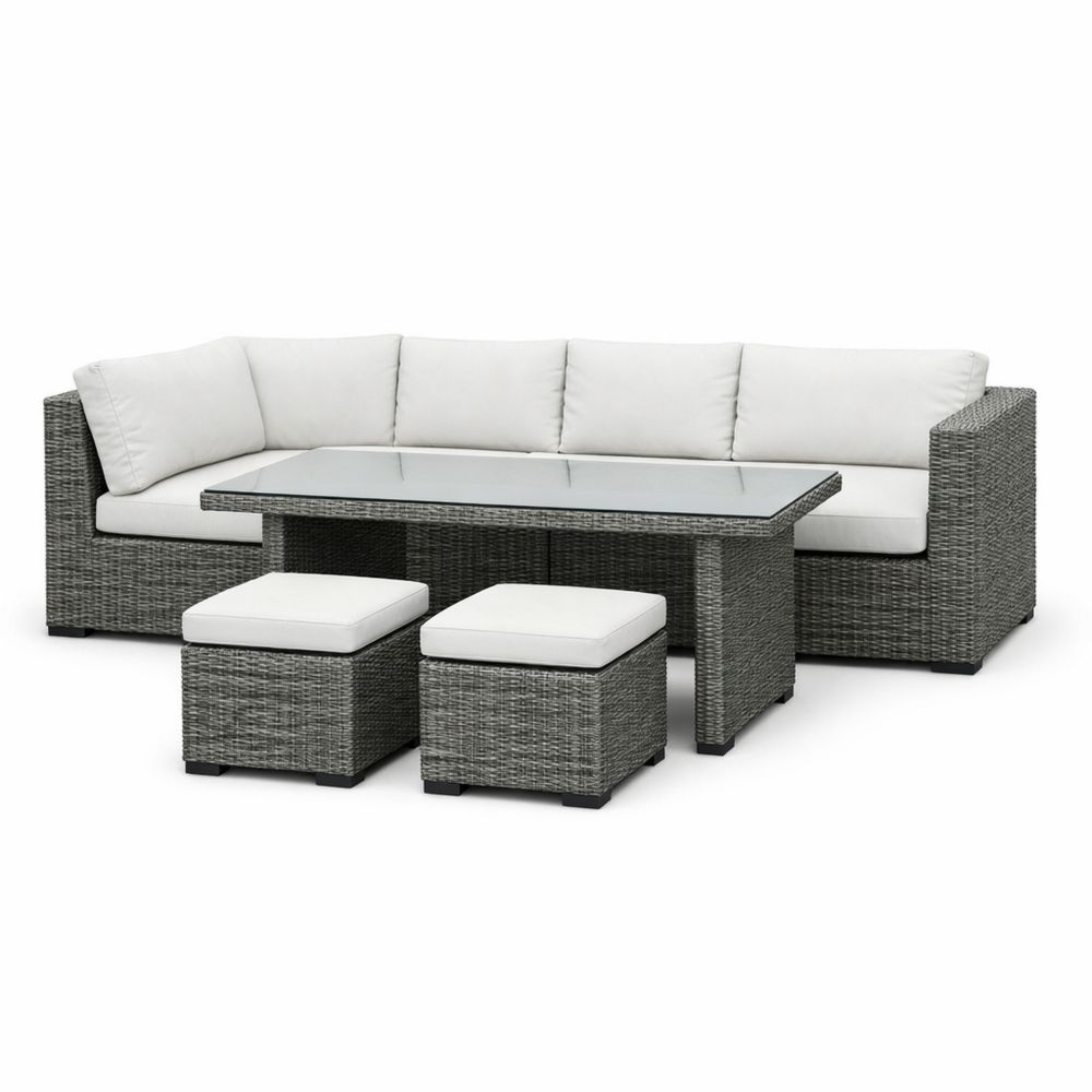 PE Rattan Outdoor Sectional Sofa Set with Glass Top Table and Cushions Grey