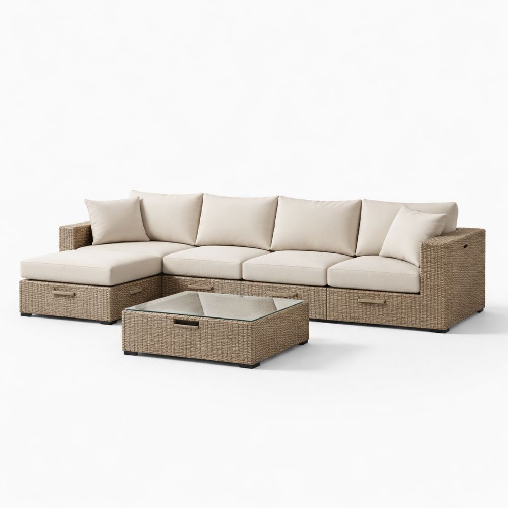 Outdoor Sectional Sofa Set All-Weather Wicker Cushioned Beige