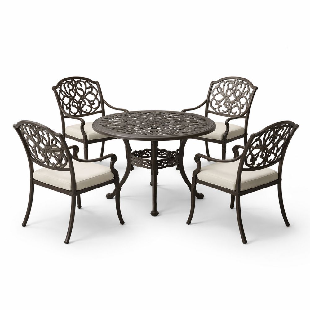 5-Piece Outdoor Metal Patio Dining Set with Cushions in Bronze