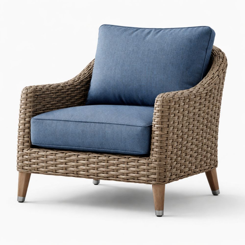 Wicker Armchair with Blue Polyester Cushions