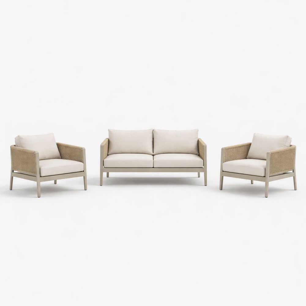 3-Piece Outdoor Sofa and Armchair Set with Aluminum Frame and Polyester Cushions in Beige