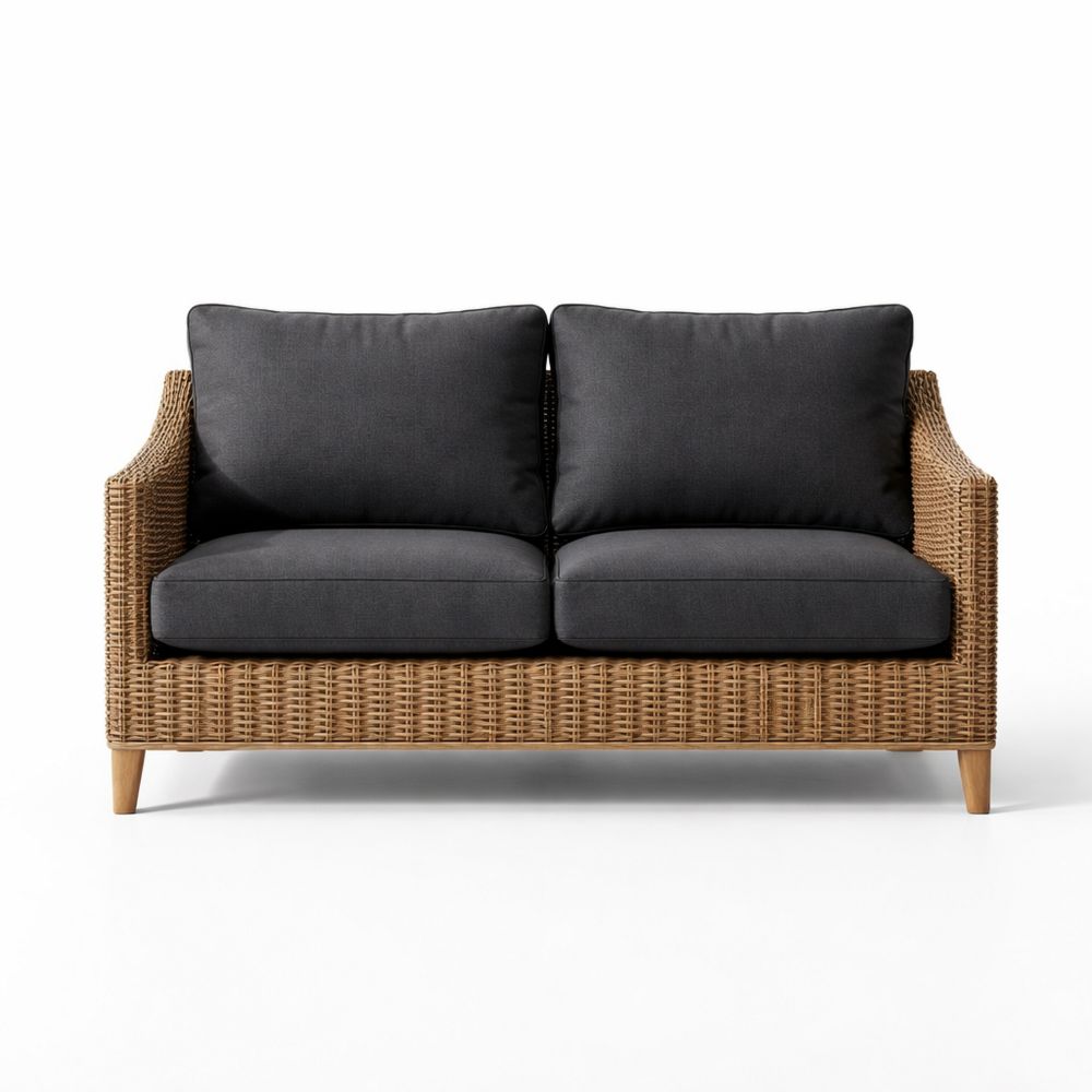 Wicker Loveseat Sofa with Polyester Cushions and Teak Legs Charcoal