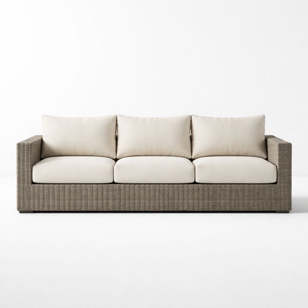 Rattan Wicker 3-Seater Sofa with Beige Cushions
