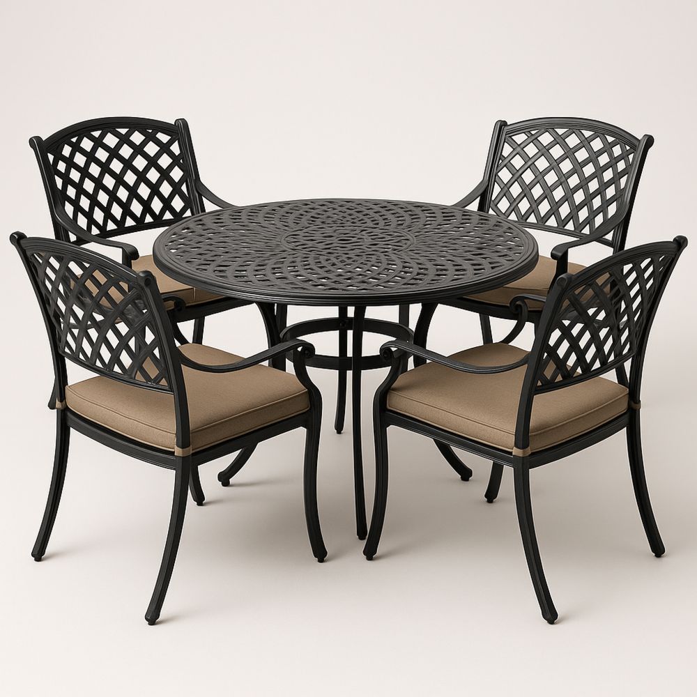 Metal Patio Dining Set with Cushions and Round Table