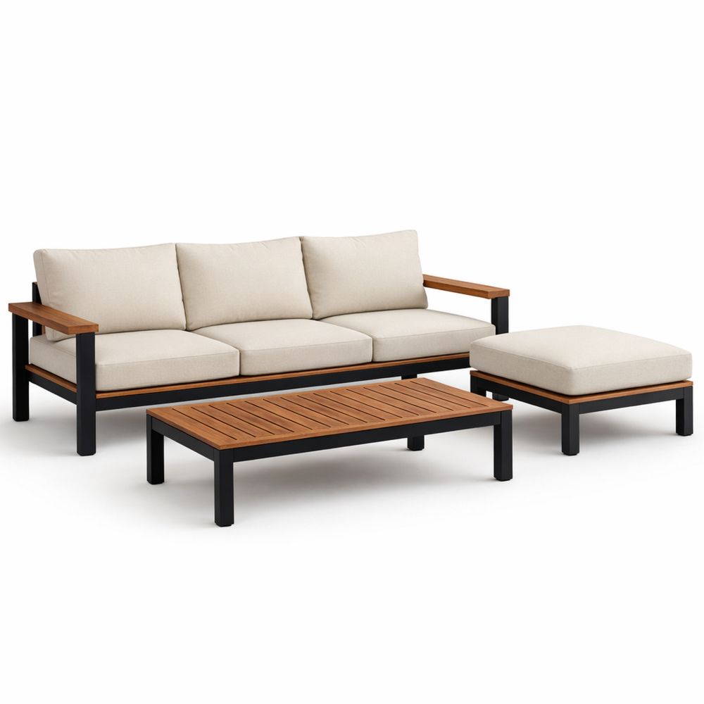 Outdoor Sofa Set with Aluminum Frame and Teak Wood Slats Beige Cushions
