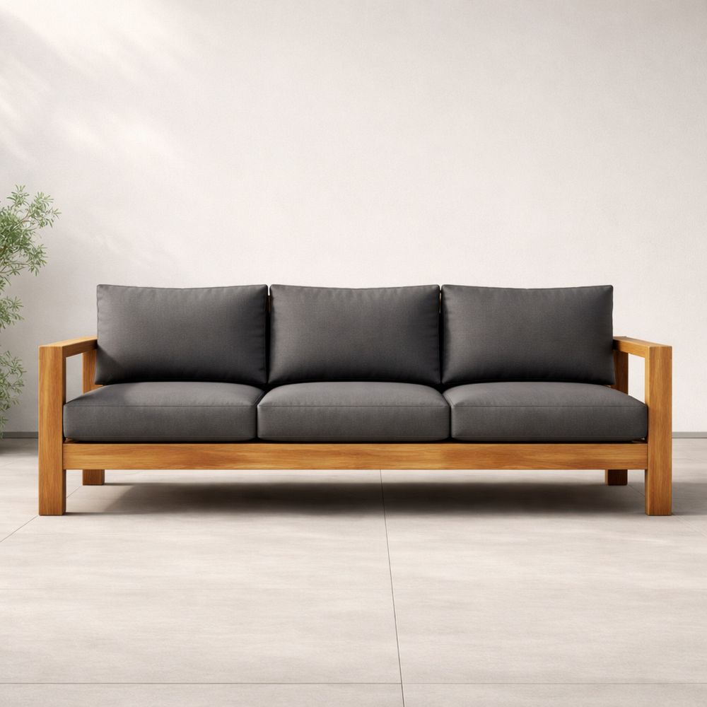 Outdoor Solid Wood Sofa with Dark Gray Polyester Cushions 220cm