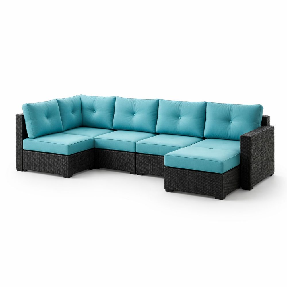 Outdoor Sectional Sofa Set with PE Rattan and Turquoise Cushions, L-Shape 6-Piece