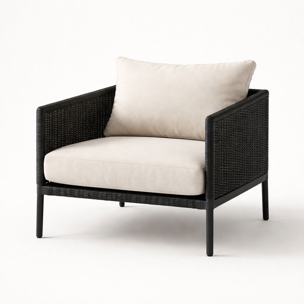 Outdoor Woven Rattan Lounge Chair with Cushions Black