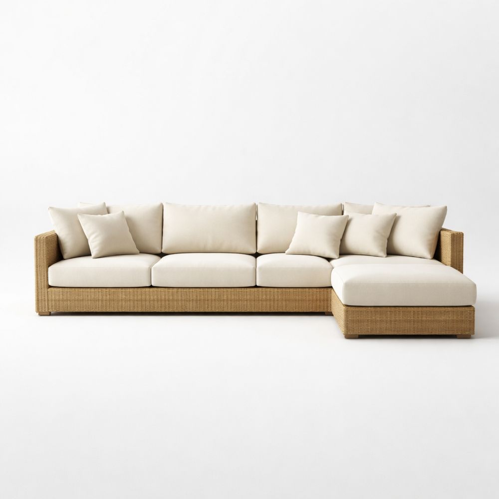Outdoor Sectional Sofa Set with Rattan Frame and Polyester Cushions Beige